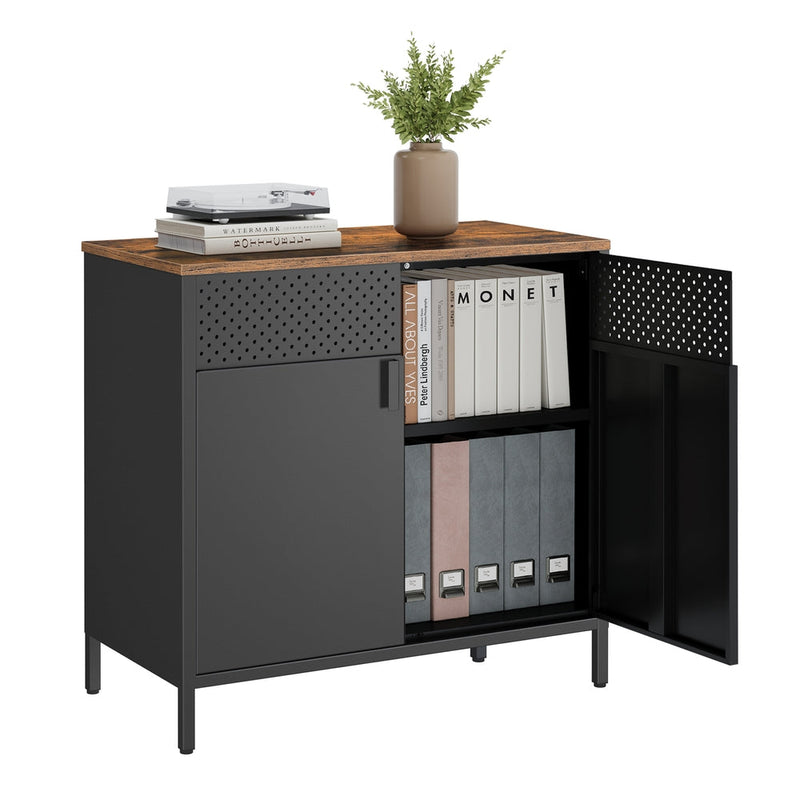 Rustic brown and black Vasagle storage cabinet with one perforated steel door open showing books