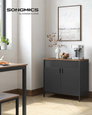 Rustic brown and black Vasagle storage cabinet beside a dining table in a kitchen
