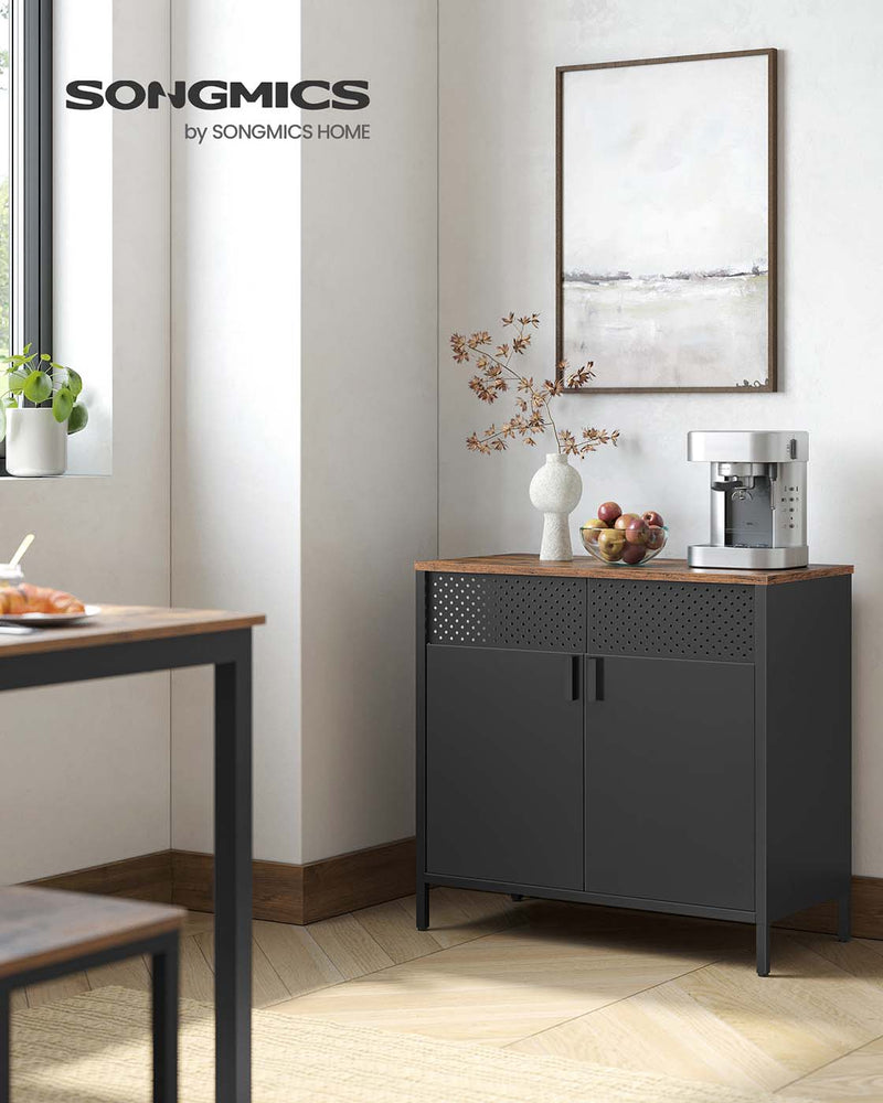 Rustic brown and black Vasagle storage cabinet beside a dining table in a kitchen