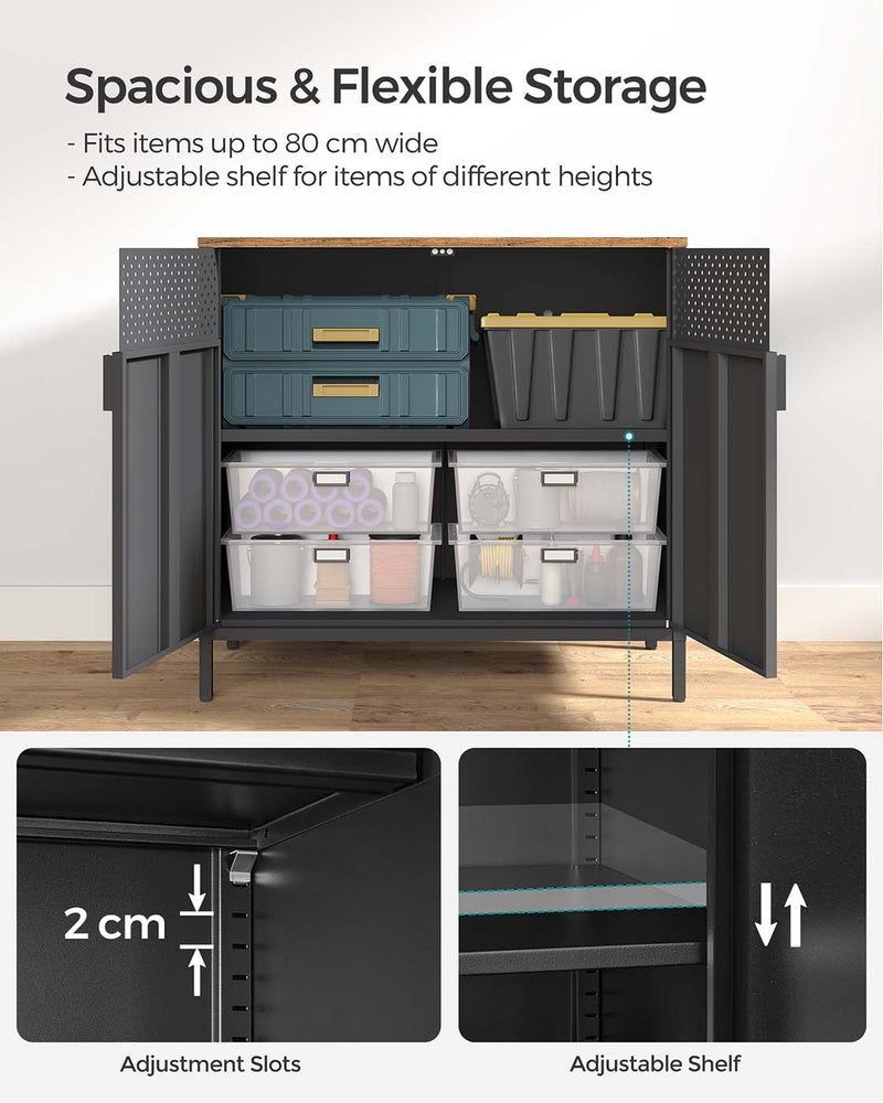 Storage capacity diagram for the Vasagle cabinet showing the adjustable shelf and 2 cm slots