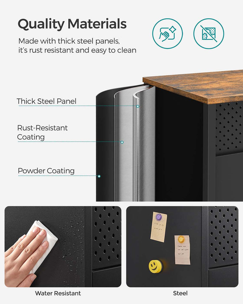 Close-up of the thick steel panel, rust-resistant powder coating and easy-clean surface