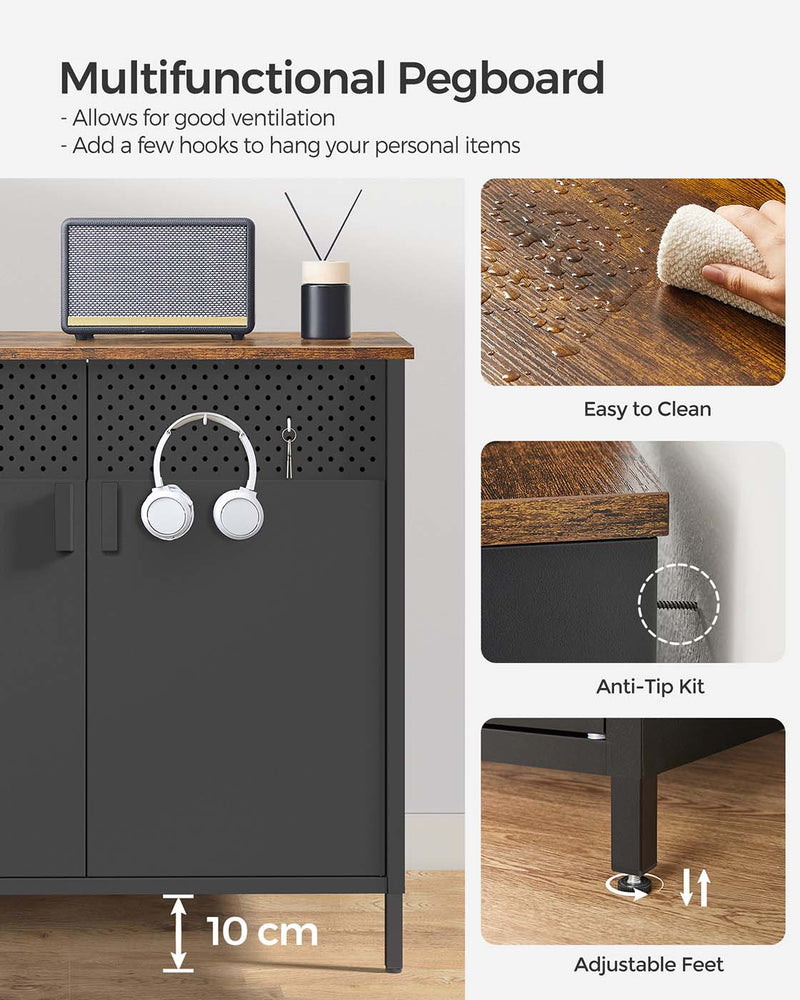 Perforated pegboard doors of the Vasagle cabinet with hooks holding headphones and accessories