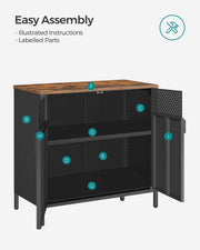 Exploded assembly diagram of the rustic brown and black Vasagle storage cabinet