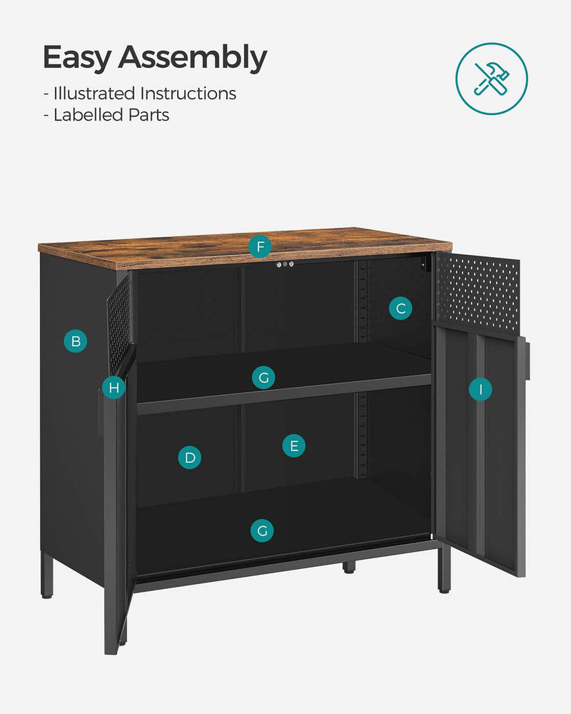Exploded assembly diagram of the rustic brown and black Vasagle storage cabinet