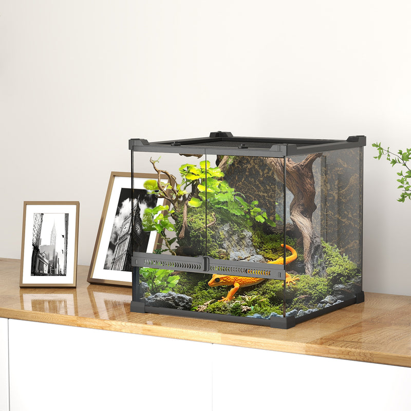 Reptile Glass Terrarium with Lock Front Ventilation and Stone Background 30cm Black