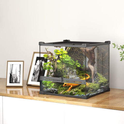 Reptile Glass Terrarium with Lock Front Ventilation and Stone Background 30cm Black