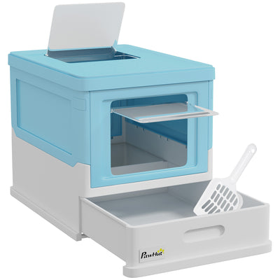 Light Blue Hooded Cat Litter Box with Scoop and Front Entry Portable Pet Toilet