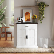 White Farmhouse Sideboard with Barn Doors and Thick Wooden Top for Kitchen Storage