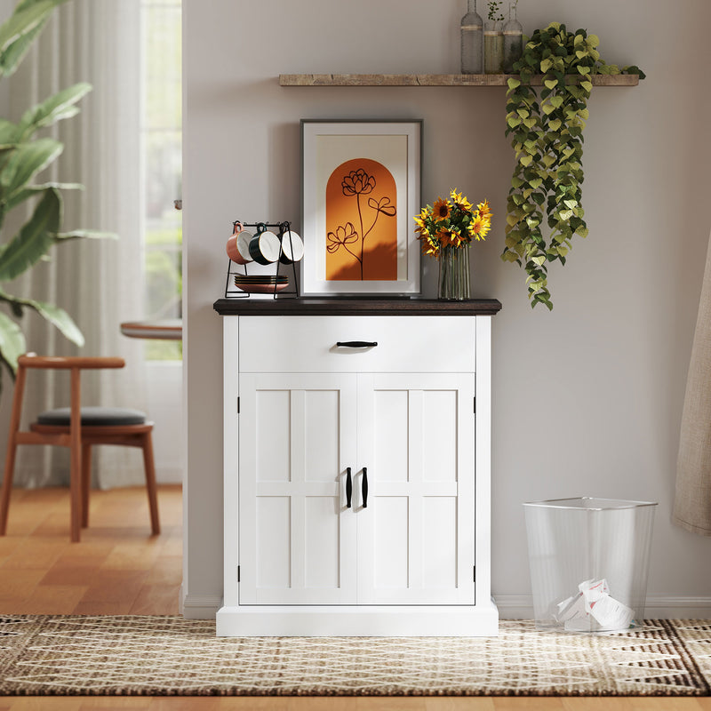 White Farmhouse Sideboard with Barn Doors and Thick Wooden Top for Kitchen Storage