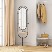 Full Length Oval Mirror with Wooden Storage Tray and 4 Coat Hooks for Hallway, Black