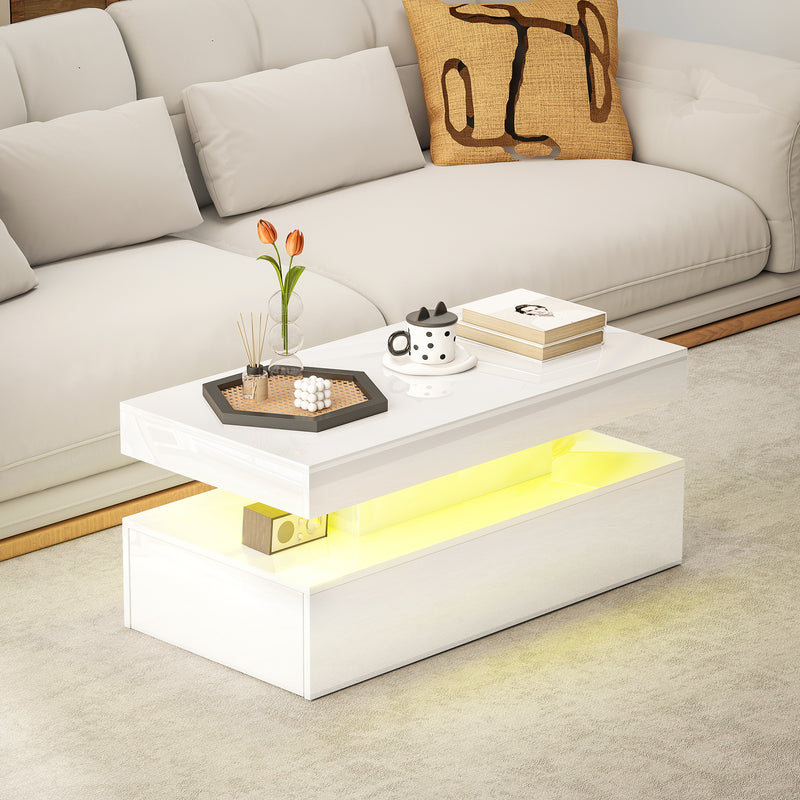 LED Coffee Table With Hidden Storage High Gloss Finish Ideal For Modern Living Rooms White