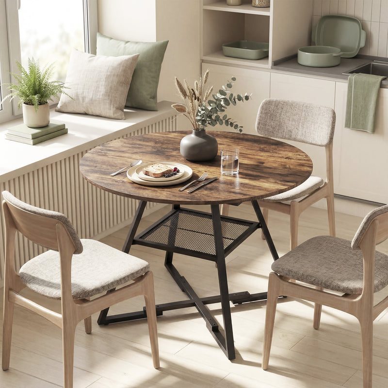 4 Seater Round Dining Table with Storage Shelf Modern Industrial Style Rustic Brown Black