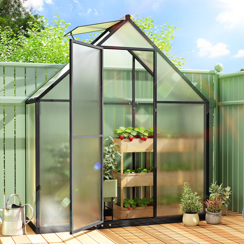 Walk-In Polycarbonate Greenhouse | Swing Door, Roof Vent & Ground Stakes – Black Outsunny