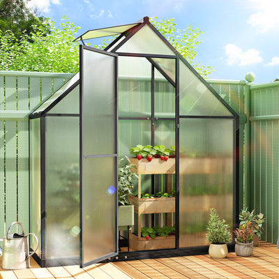 Walk-In Polycarbonate Greenhouse | Swing Door, Roof Vent & Ground Stakes – Black Outsunny