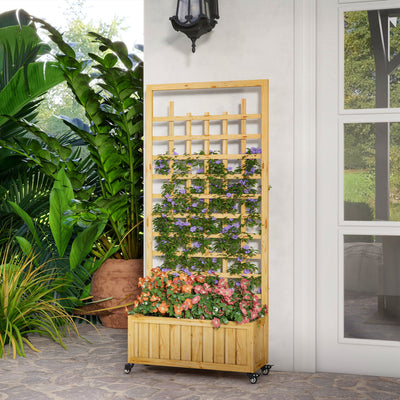 Natural Wooden Raised Planter Bed With Trellis And Wheels For Herbs Flowers Vegatables