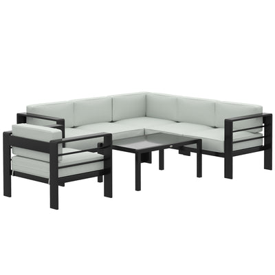 5-Piece Aluminium Garden Lounge Set with Thick Cushions and Tempered Glass Table, Light Grey Outsunny