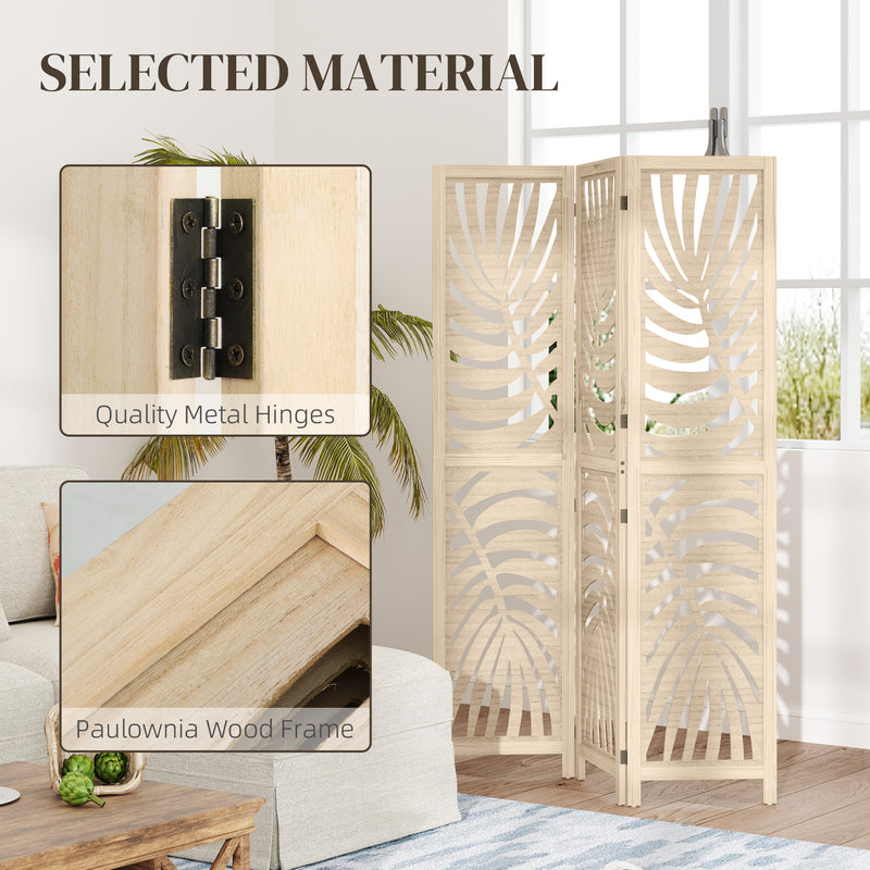 3 Panel Folding Room Divider with Palm Leaf Design for Home Office Privacy, Natural Wood AOSOM