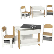 Three Piece Kids Table and Chair Set with Blackboard Storage and Shelves in Natural Wood AOSOM