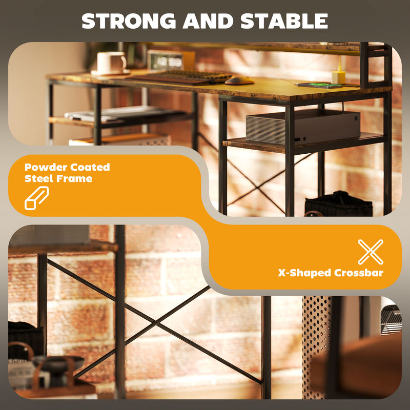 Rustic Brown Computer Desk with Power Outlets LED Lights and Hutch by HOMCOM