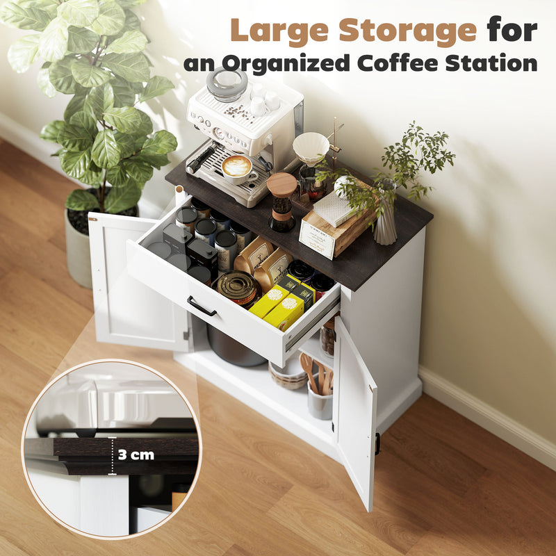 White Farmhouse Sideboard with Barn Doors and Thick Wooden Top for Kitchen Storage