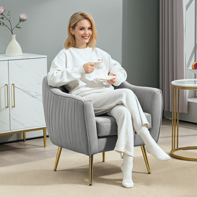 Grey Velvet Shell Back Accent Chair with Gold Legs and Padded Seat by HOMCOM