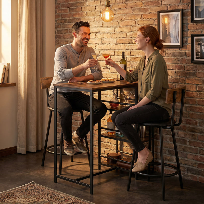 Bar Table Set with Storage Shelves and Space Saving Chairs for Small Dining Areas Rustic Brown