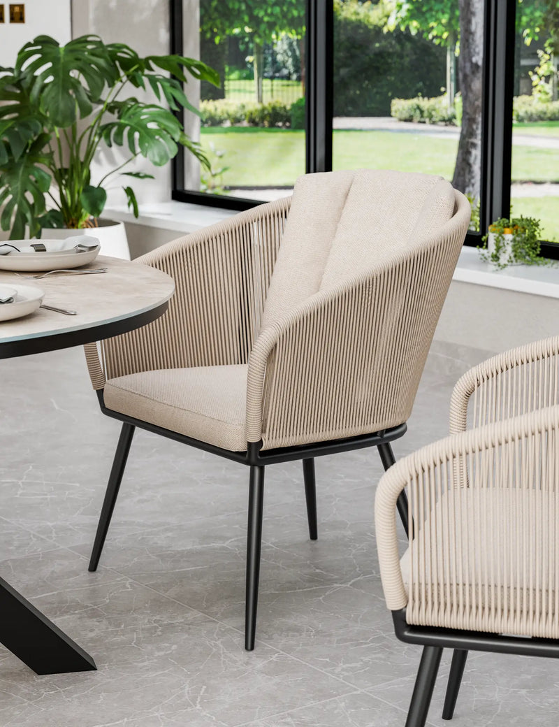 Bali light sandstone rope dining chair with cushions, close detail