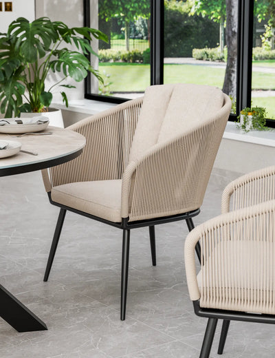 Bali light sandstone rope dining chair with cushions, close detail