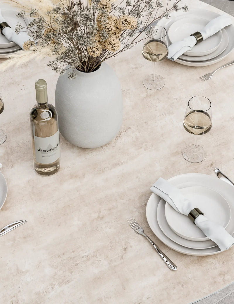 Natural ceramic round table top and sandstone rope chair detail on the Bali 4 seater dining set