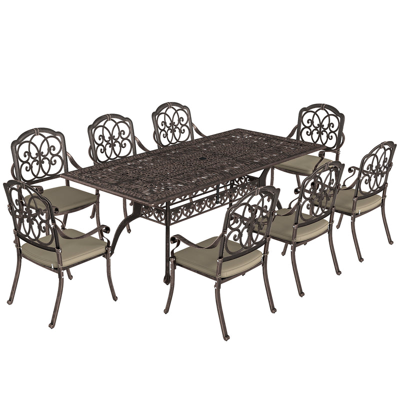 Patio Dining Set for 8 Cast Aluminium with Cushioned Chairs and Weatherproof Table, Bronze and Khaki Outsunny