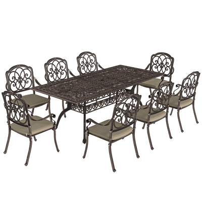 Patio Dining Set for 8 Cast Aluminium with Cushioned Chairs and Weatherproof Table, Bronze and Khaki Outsunny