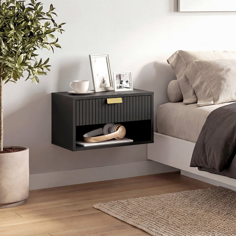 Floating Bedside Tables Set of 2 with Drawer and Shelf for Space Saving Black AOSOM