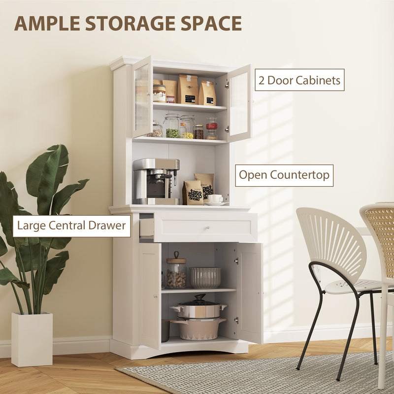 White 4 Door Freestanding Kitchen Cabinet with Drawer Glass Doors and Shelves