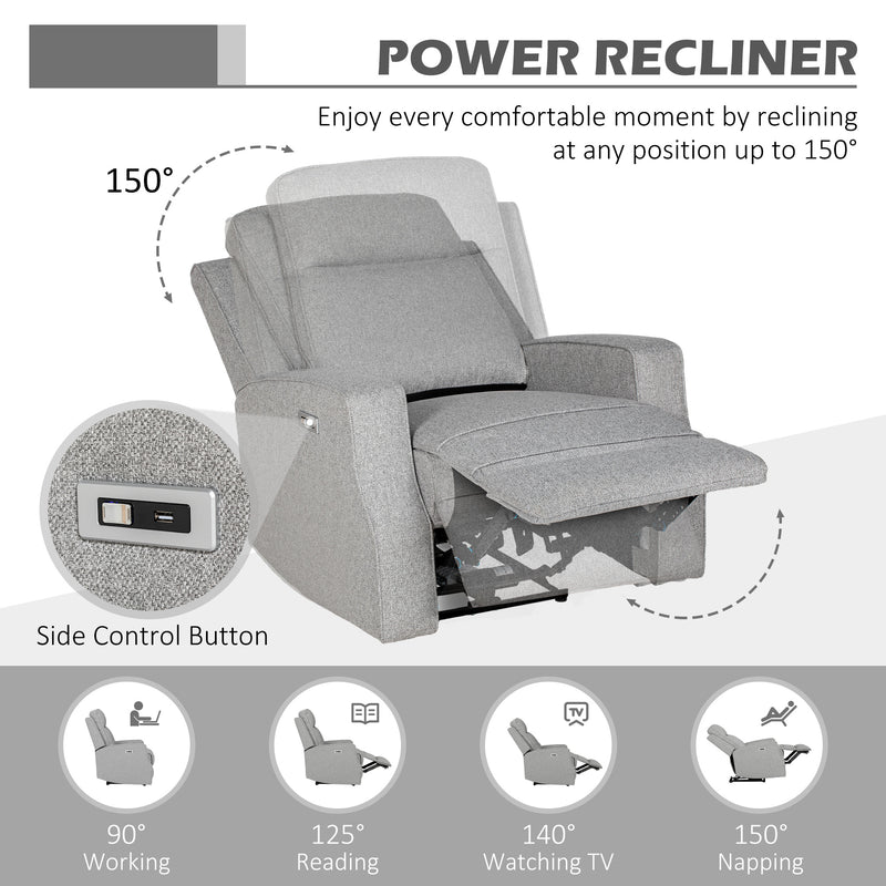 Electric Reclining Armchair with USB Charging Port and Footrest for Relaxing Grey