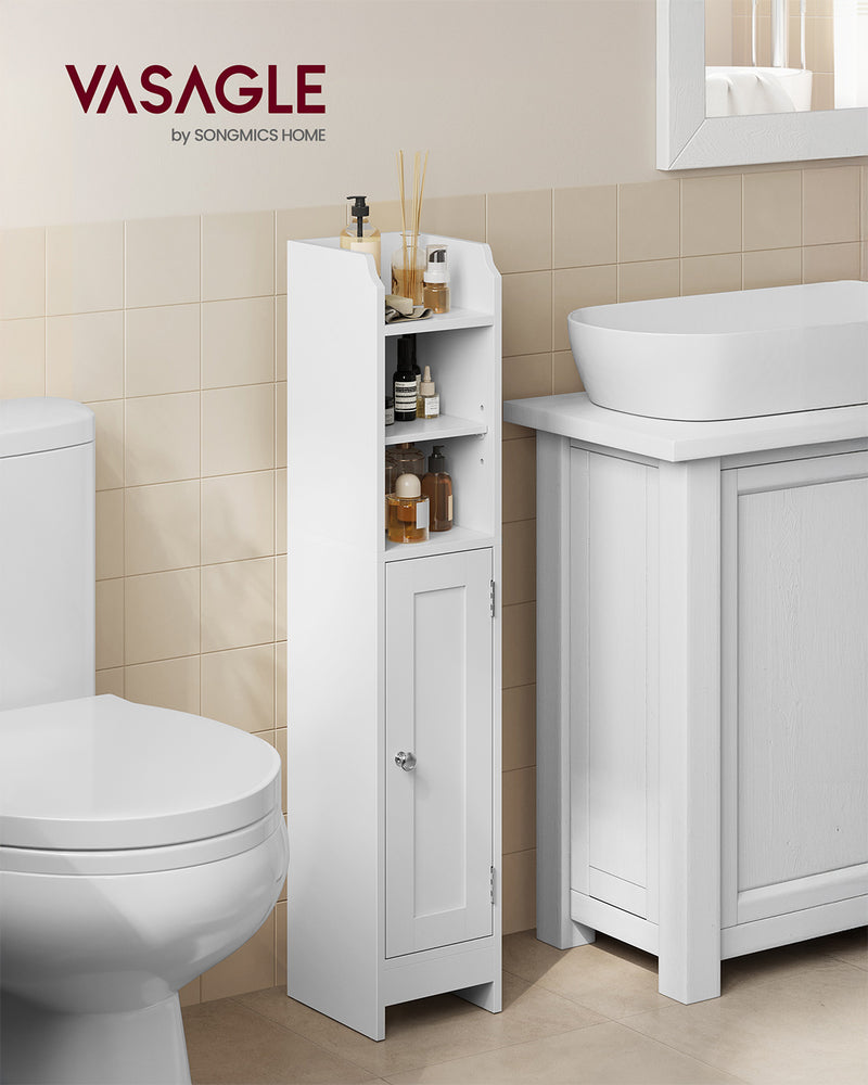 Slim White Bathroom Storage Cabinet with Door and Shelves for Small Spaces by Vasagle