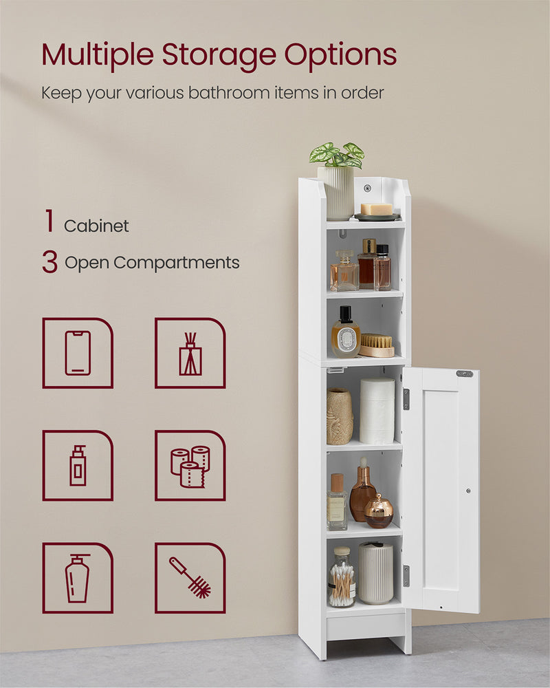 Slim White Bathroom Storage Cabinet with Door and Shelves for Small Spaces by Vasagle