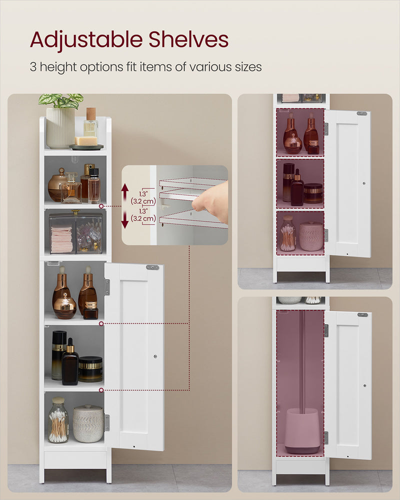 Slim White Bathroom Storage Cabinet with Door and Shelves for Small Spaces by Vasagle