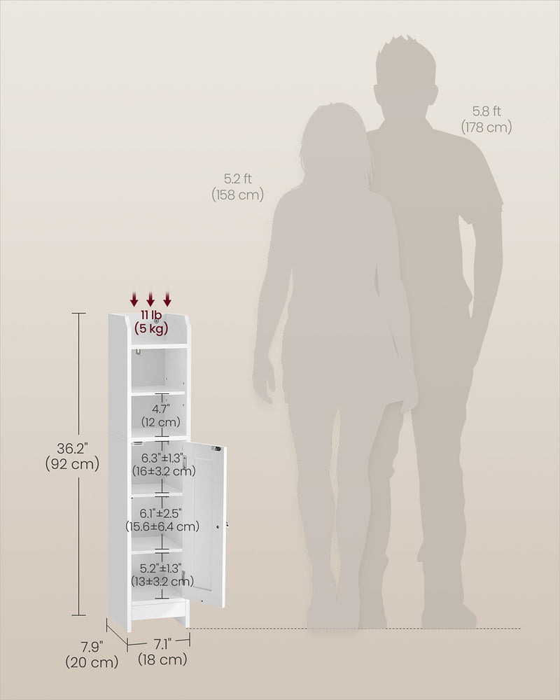 Slim White Bathroom Storage Cabinet with Door and Shelves for Small Spaces by Vasagle