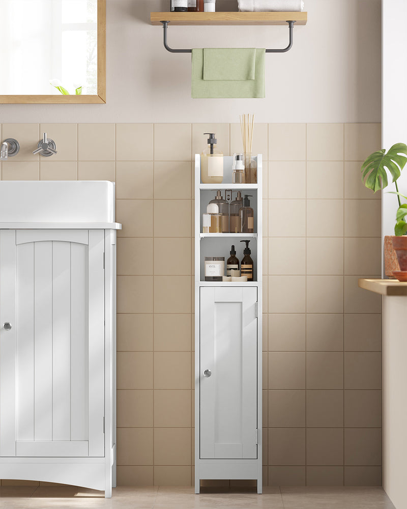 Slim White Bathroom Storage Cabinet with Door and Shelves for Small Spaces by Vasagle