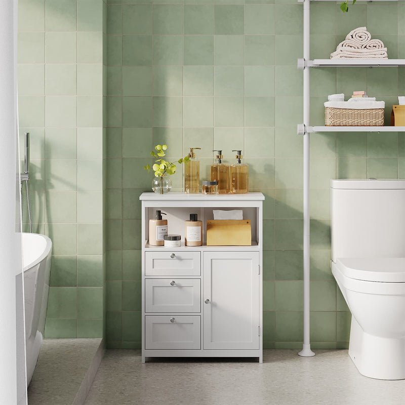 White Bathroom Floor Cabinet with 3 Drawers Freestanding Storage Unit by Vasagle