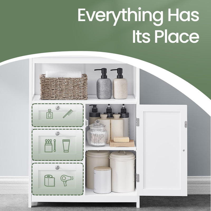 White Bathroom Floor Cabinet with 3 Drawers Freestanding Storage Unit by Vasagle
