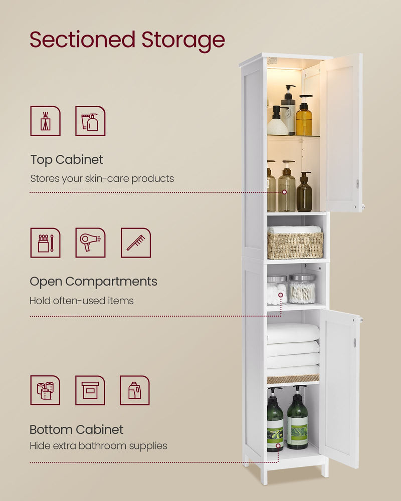 Slim White Bathroom Cabinet with LED Lighting and Storage Shelves by Vasagle