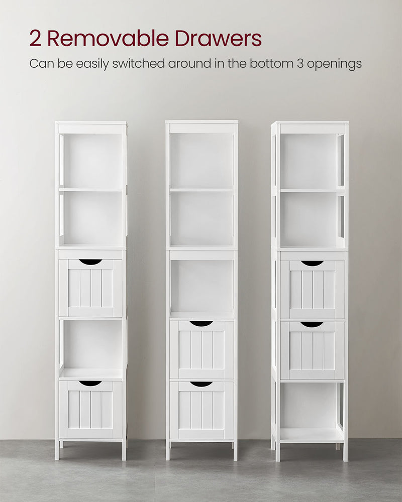 Tall Slim Bathroom Storage Cabinet with Shelves and 2 Drawers in White by Vasagle, 30x30x141.5cm