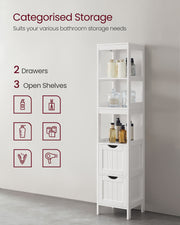 Tall Slim Bathroom Storage Cabinet with Shelves and 2 Drawers in White by Vasagle, 30x30x141.5cm