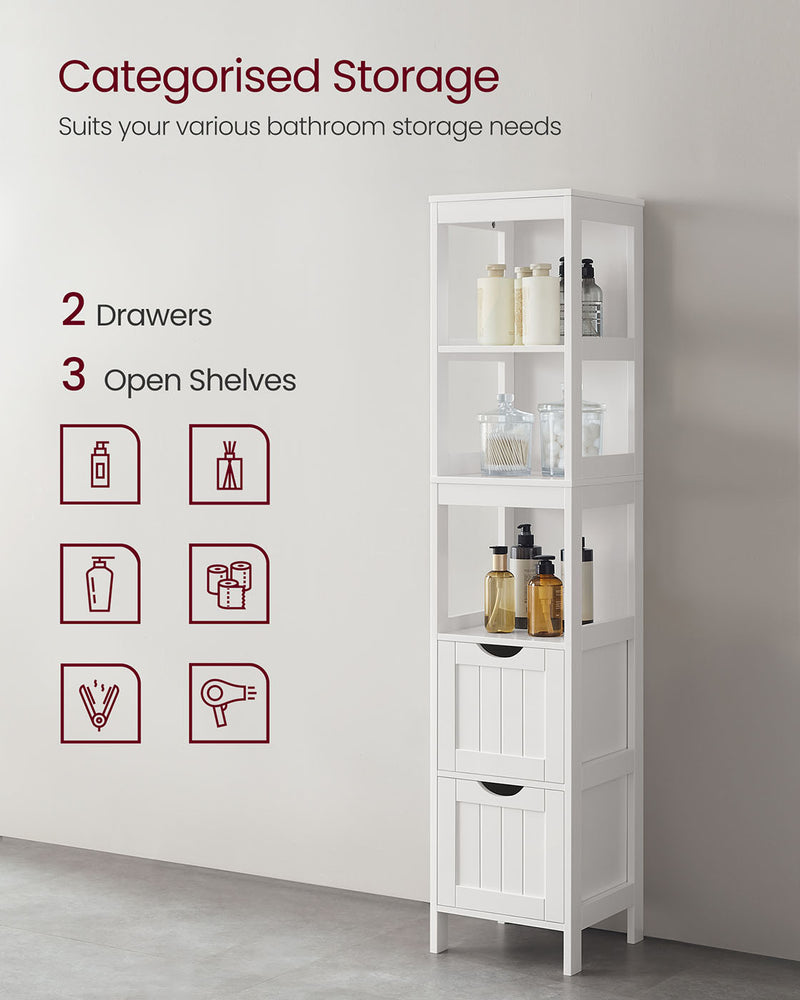 Tall Slim Bathroom Storage Cabinet with Shelves and 2 Drawers in White by Vasagle, 30x30x141.5cm