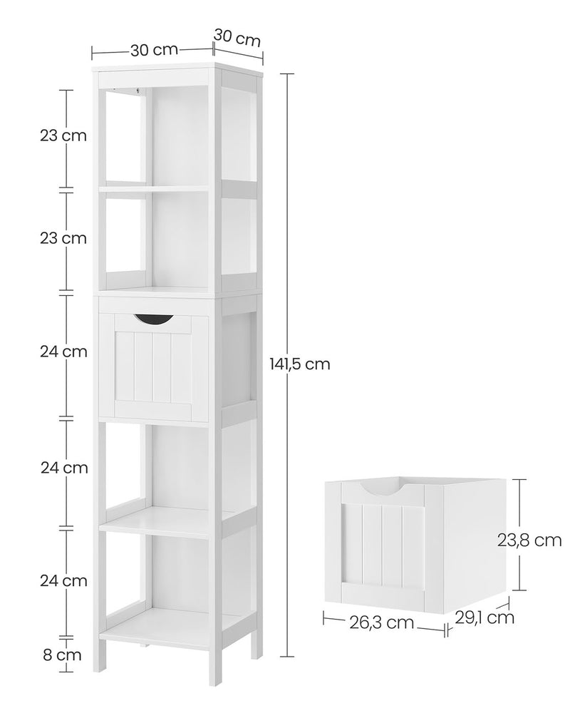 Tall Slim Bathroom Storage Cabinet with Shelves and 2 Drawers in White by Vasagle, 30x30x141.5cm