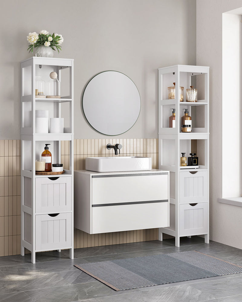 Tall Slim Bathroom Storage Cabinet with Shelves and 2 Drawers in White by Vasagle, 30x30x141.5cm