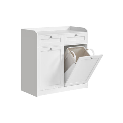 Cloud White Bathroom Storage Cabinet with Dual Laundry Baskets and Shelves by Vasagle
