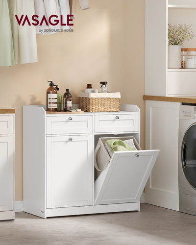 Cloud White Bathroom Storage Cabinet with Dual Laundry Baskets and Shelves by Vasagle