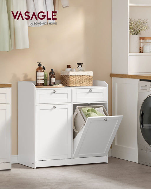Cloud White Bathroom Storage Cabinet with Dual Laundry Baskets and Shelves by Vasagle